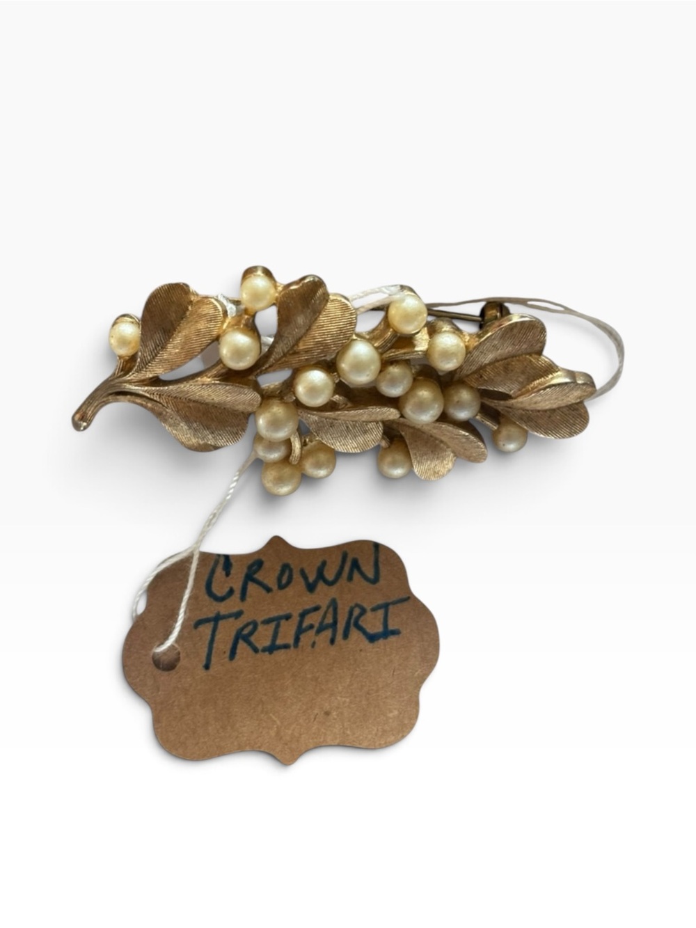 Trifari Gold-Tone Leaf Brooch with Ivory Pearls Stamped